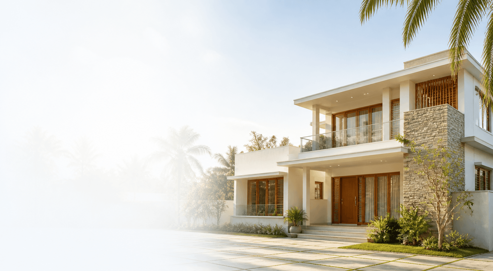 Modern independent home surrounded by tropical greenery in Tamil Nadu